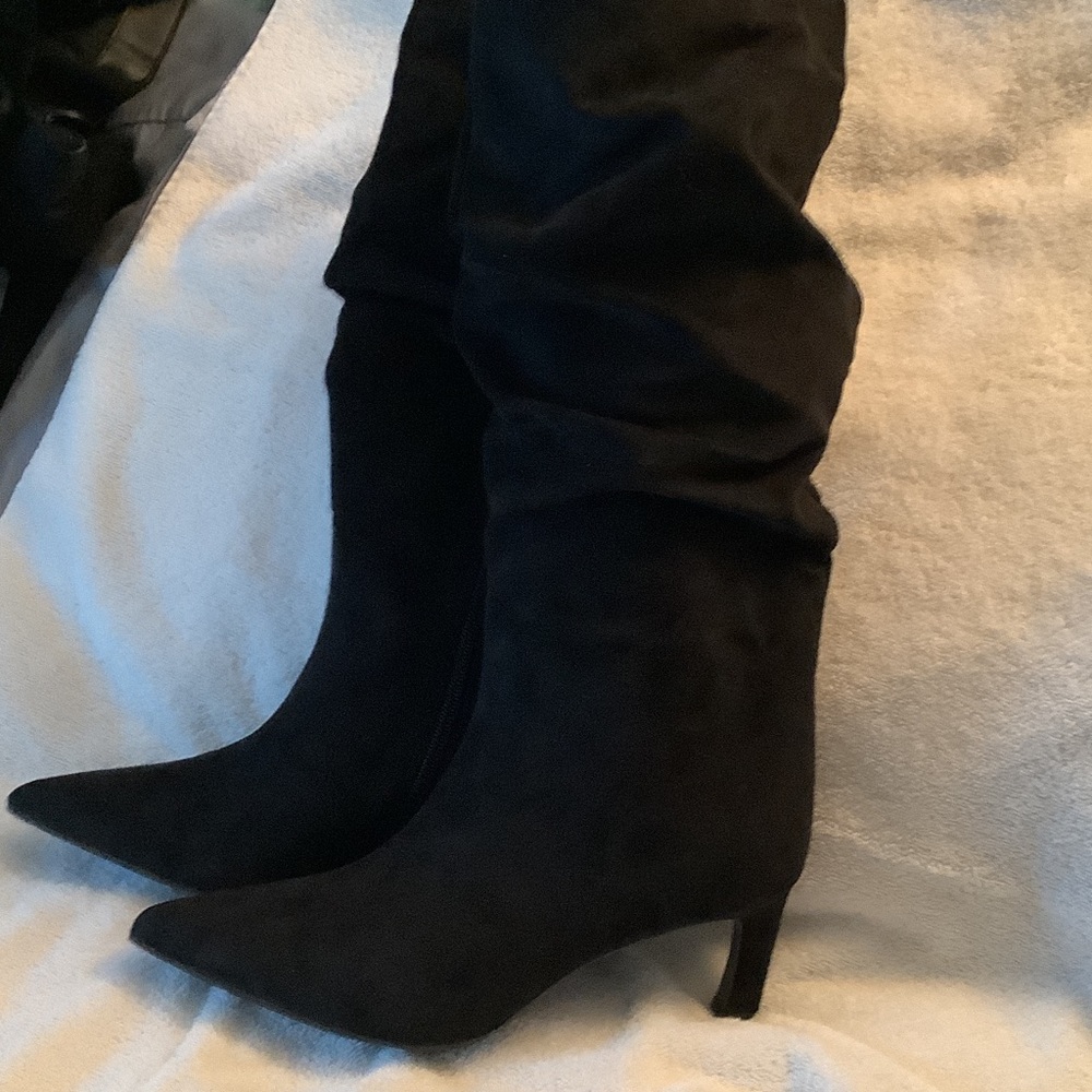 Time and Tru Black Suede Slouch Knee-High Pointed Toe Boots